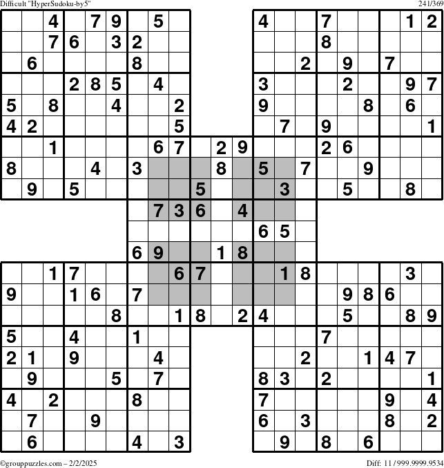 The grouppuzzles.com Difficult HyperSudoku-by5 puzzle for Sunday February 2, 2025