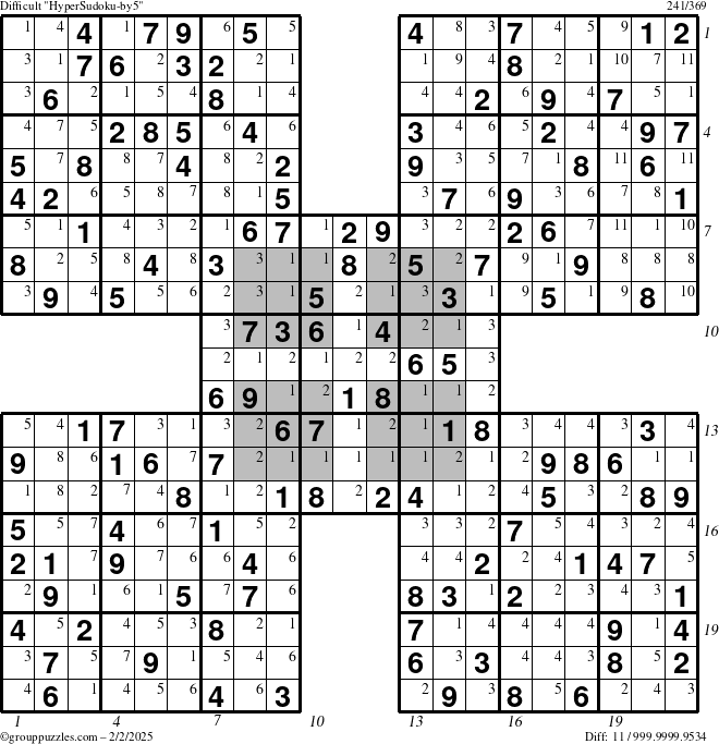 The grouppuzzles.com Difficult HyperSudoku-by5 puzzle for Sunday February 2, 2025 with all 11 steps marked