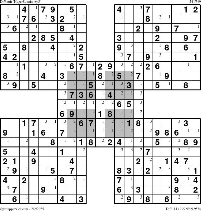 The grouppuzzles.com Difficult HyperSudoku-by5 puzzle for Sunday February 2, 2025 with the first 3 steps marked