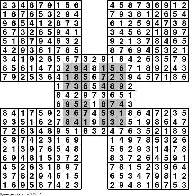 The grouppuzzles.com Answer grid for the HyperSudoku-by5 puzzle for Sunday February 2, 2025