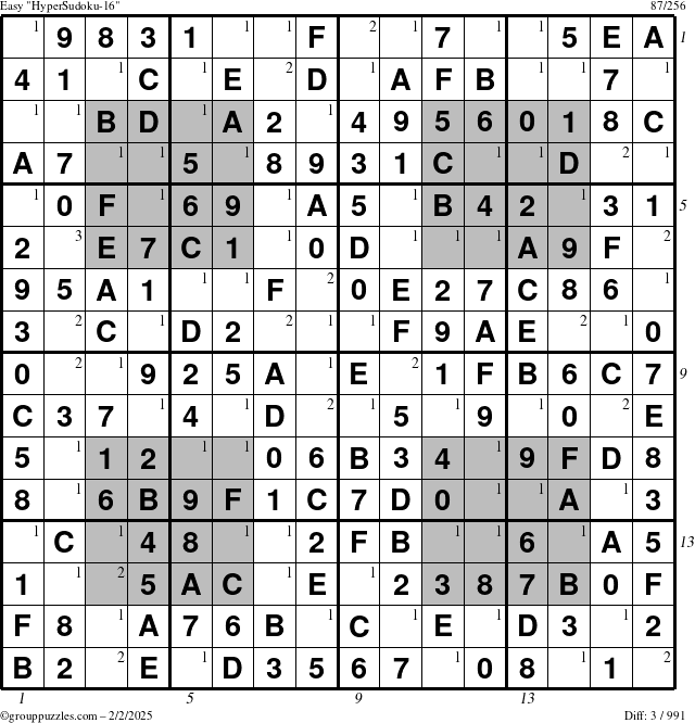 The grouppuzzles.com Easy HyperSudoku-16 puzzle for Sunday February 2, 2025 with all 3 steps marked