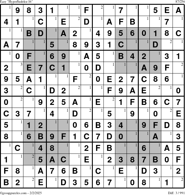 The grouppuzzles.com Easy HyperSudoku-16 puzzle for Sunday February 2, 2025 with the first 3 steps marked