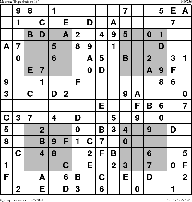 The grouppuzzles.com Medium HyperSudoku-16 puzzle for Sunday February 2, 2025