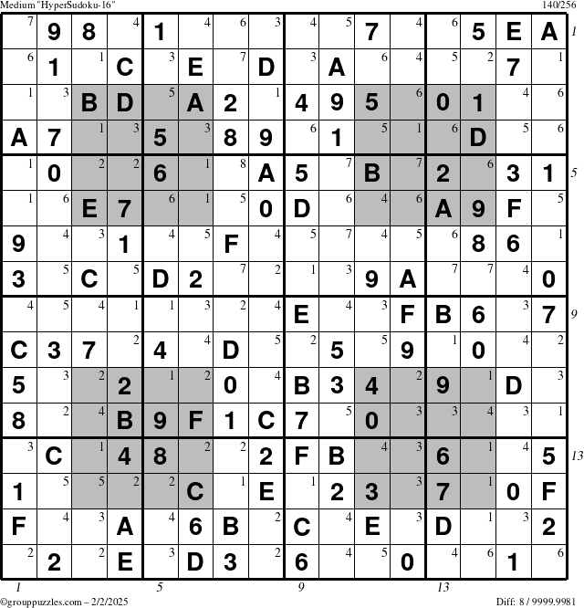 The grouppuzzles.com Medium HyperSudoku-16 puzzle for Sunday February 2, 2025 with all 8 steps marked