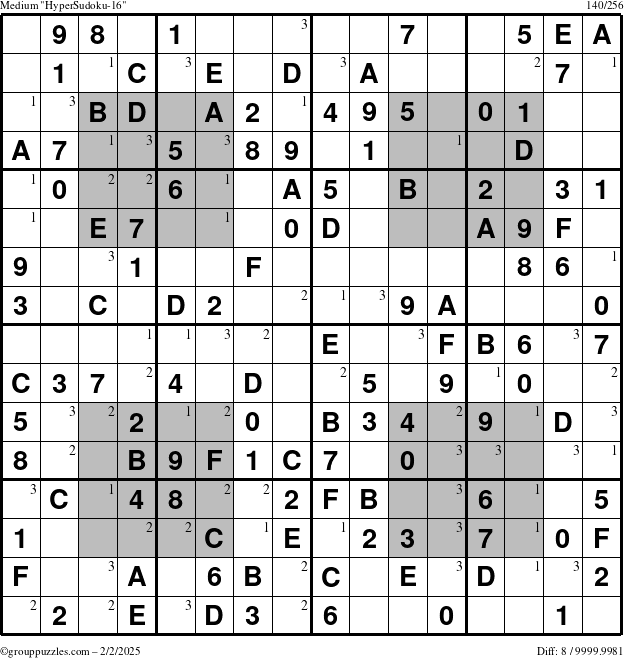 The grouppuzzles.com Medium HyperSudoku-16 puzzle for Sunday February 2, 2025 with the first 3 steps marked