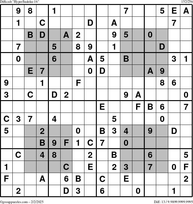 The grouppuzzles.com Difficult HyperSudoku-16 puzzle for Sunday February 2, 2025