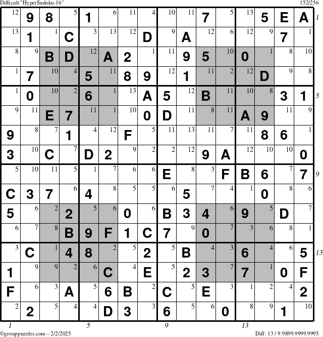 The grouppuzzles.com Difficult HyperSudoku-16 puzzle for Sunday February 2, 2025, suitable for printing, with all 13 steps marked