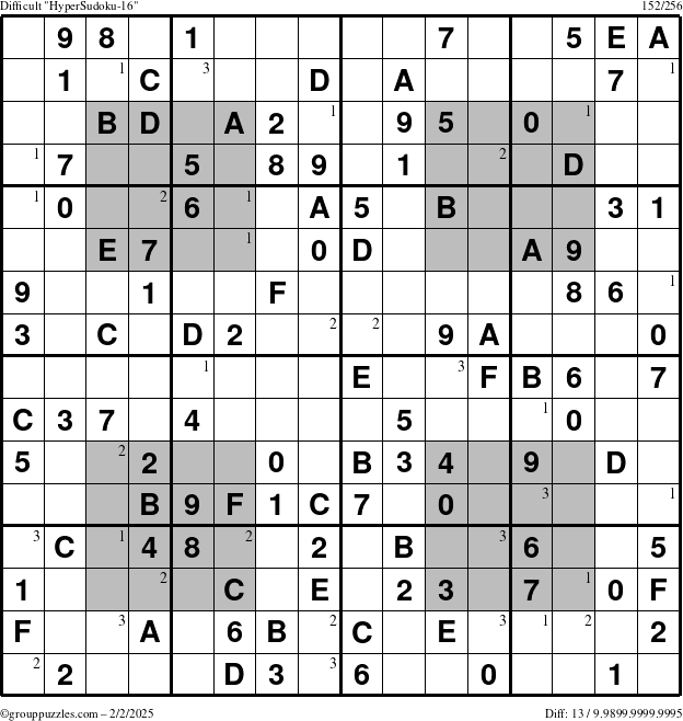 The grouppuzzles.com Difficult HyperSudoku-16 puzzle for Sunday February 2, 2025 with the first 3 steps marked