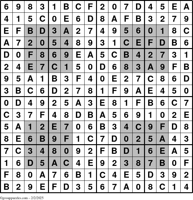 The grouppuzzles.com Answer grid for the HyperSudoku-16 puzzle for Sunday February 2, 2025