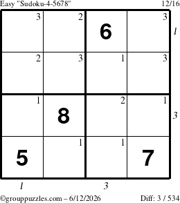 The grouppuzzles.com Easy Sudoku-4-5678 puzzle for Friday June 12, 2026 with all 3 steps marked