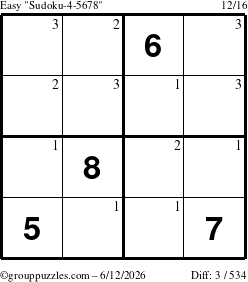 The grouppuzzles.com Easy Sudoku-4-5678 puzzle for Friday June 12, 2026 with the first 3 steps marked