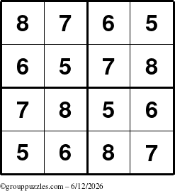 The grouppuzzles.com Answer grid for the Sudoku-4-5678 puzzle for Friday June 12, 2026