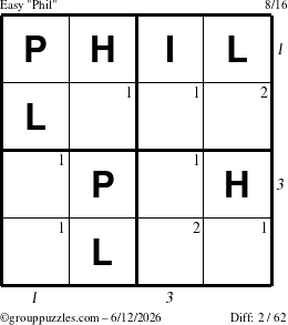 The grouppuzzles.com Easy Phil puzzle for Friday June 12, 2026, suitable for printing, with all 2 steps marked