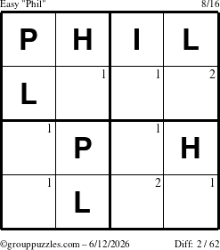 The grouppuzzles.com Easy Phil puzzle for Friday June 12, 2026 with the first 2 steps marked