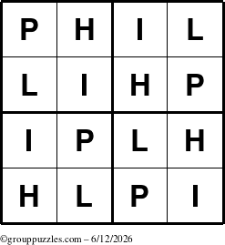 The grouppuzzles.com Answer grid for the Phil puzzle for Friday June 12, 2026