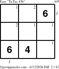 The grouppuzzles.com Easy TicTac-456 puzzle for Friday June 12, 2026, suitable for printing, with all 2 steps marked