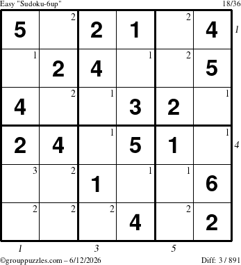 The grouppuzzles.com Easy Sudoku-6up puzzle for Friday June 12, 2026, suitable for printing, with all 3 steps marked