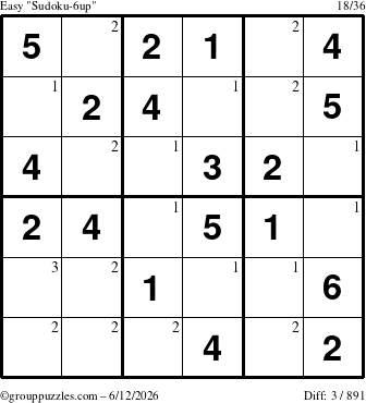 The grouppuzzles.com Easy Sudoku-6up puzzle for Friday June 12, 2026 with the first 3 steps marked