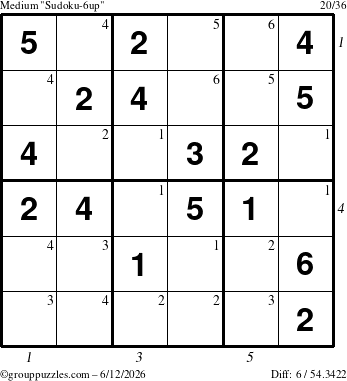 The grouppuzzles.com Medium Sudoku-6up puzzle for Friday June 12, 2026, suitable for printing, with all 6 steps marked