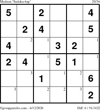 The grouppuzzles.com Medium Sudoku-6up puzzle for Friday June 12, 2026 with the first 3 steps marked