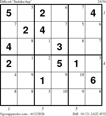 The grouppuzzles.com Difficult Sudoku-6up puzzle for Friday June 12, 2026, suitable for printing, with all 10 steps marked