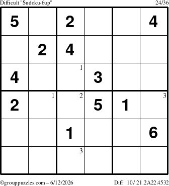 The grouppuzzles.com Difficult Sudoku-6up puzzle for Friday June 12, 2026 with the first 3 steps marked