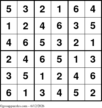 The grouppuzzles.com Answer grid for the Sudoku-6up puzzle for Friday June 12, 2026