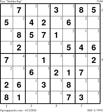 The grouppuzzles.com Easy Sudoku-8up puzzle for Friday June 12, 2026 with all 4 steps marked
