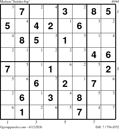 The grouppuzzles.com Medium Sudoku-8up puzzle for Friday June 12, 2026, suitable for printing, with all 7 steps marked