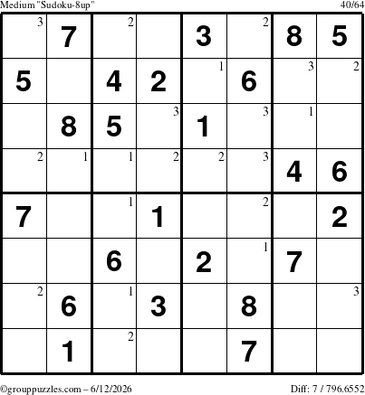 The grouppuzzles.com Medium Sudoku-8up puzzle for Friday June 12, 2026 with the first 3 steps marked