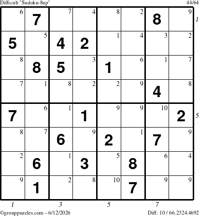 The grouppuzzles.com Difficult Sudoku-8up puzzle for Friday June 12, 2026 with all 10 steps marked