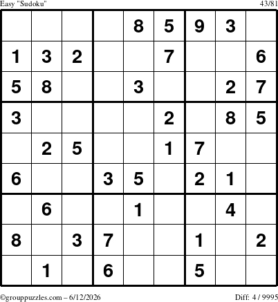 The grouppuzzles.com Easy Sudoku puzzle for Friday June 12, 2026