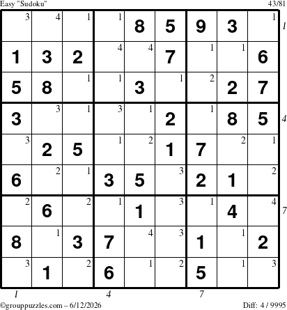 The grouppuzzles.com Easy Sudoku puzzle for Friday June 12, 2026 with all 4 steps marked