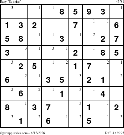 The grouppuzzles.com Easy Sudoku puzzle for Friday June 12, 2026 with the first 3 steps marked