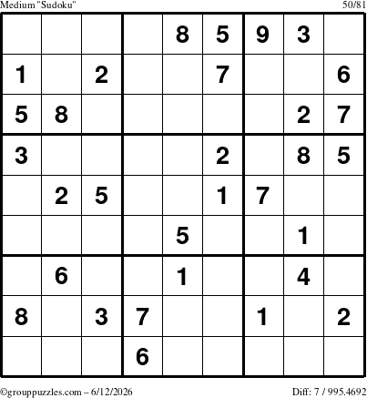 The grouppuzzles.com Medium Sudoku puzzle for Friday June 12, 2026