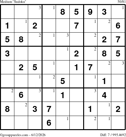 The grouppuzzles.com Medium Sudoku puzzle for Friday June 12, 2026 with the first 3 steps marked
