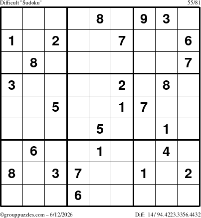 The grouppuzzles.com Difficult Sudoku puzzle for Friday June 12, 2026
