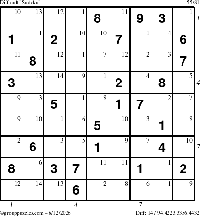 The grouppuzzles.com Difficult Sudoku puzzle for Friday June 12, 2026 with all 14 steps marked
