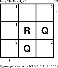 The grouppuzzles.com Easy TicTac-PQR puzzle for Friday June 12, 2026 with all 2 steps marked