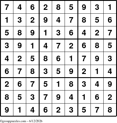 The grouppuzzles.com Answer grid for the Sudoku puzzle for Friday June 12, 2026