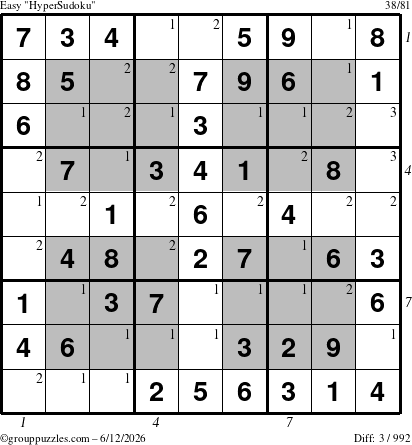 The grouppuzzles.com Easy HyperSudoku puzzle for Friday June 12, 2026 with all 3 steps marked