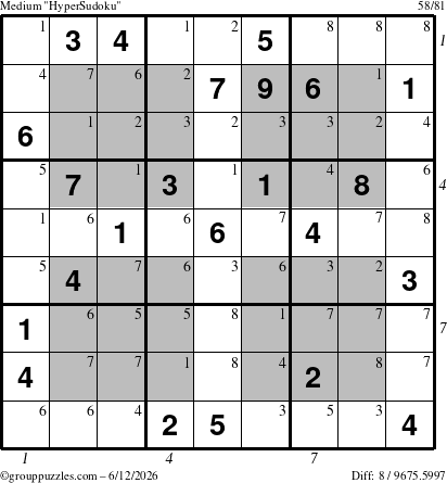 The grouppuzzles.com Medium HyperSudoku puzzle for Friday June 12, 2026 with all 8 steps marked