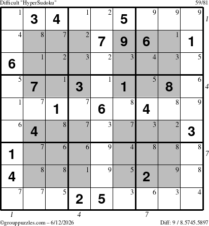 The grouppuzzles.com Difficult HyperSudoku puzzle for Friday June 12, 2026, suitable for printing, with all 9 steps marked