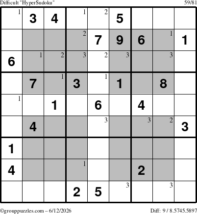 The grouppuzzles.com Difficult HyperSudoku puzzle for Friday June 12, 2026 with the first 3 steps marked