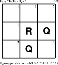 The grouppuzzles.com Easy TicTac-PQR puzzle for Friday June 12, 2026 with the first 2 steps marked