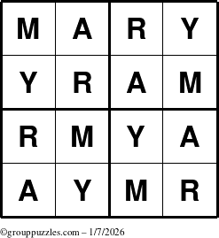 The grouppuzzles.com Answer grid for the Mary puzzle for Wednesday January 7, 2026