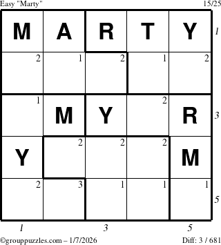 The grouppuzzles.com Easy Marty puzzle for Wednesday January 7, 2026, suitable for printing, with all 3 steps marked