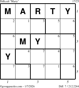 The grouppuzzles.com Difficult Marty puzzle for Wednesday January 7, 2026 with all 7 steps marked