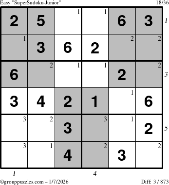 The grouppuzzles.com Easy SuperSudoku-Junior puzzle for Wednesday January 7, 2026 with all 3 steps marked