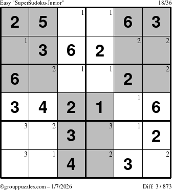 The grouppuzzles.com Easy SuperSudoku-Junior puzzle for Wednesday January 7, 2026 with the first 3 steps marked